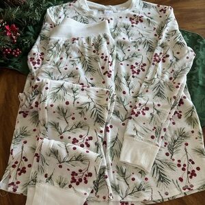 Stars Above Festive White and Green Thermal Pajama Set with Red Berries and Pine